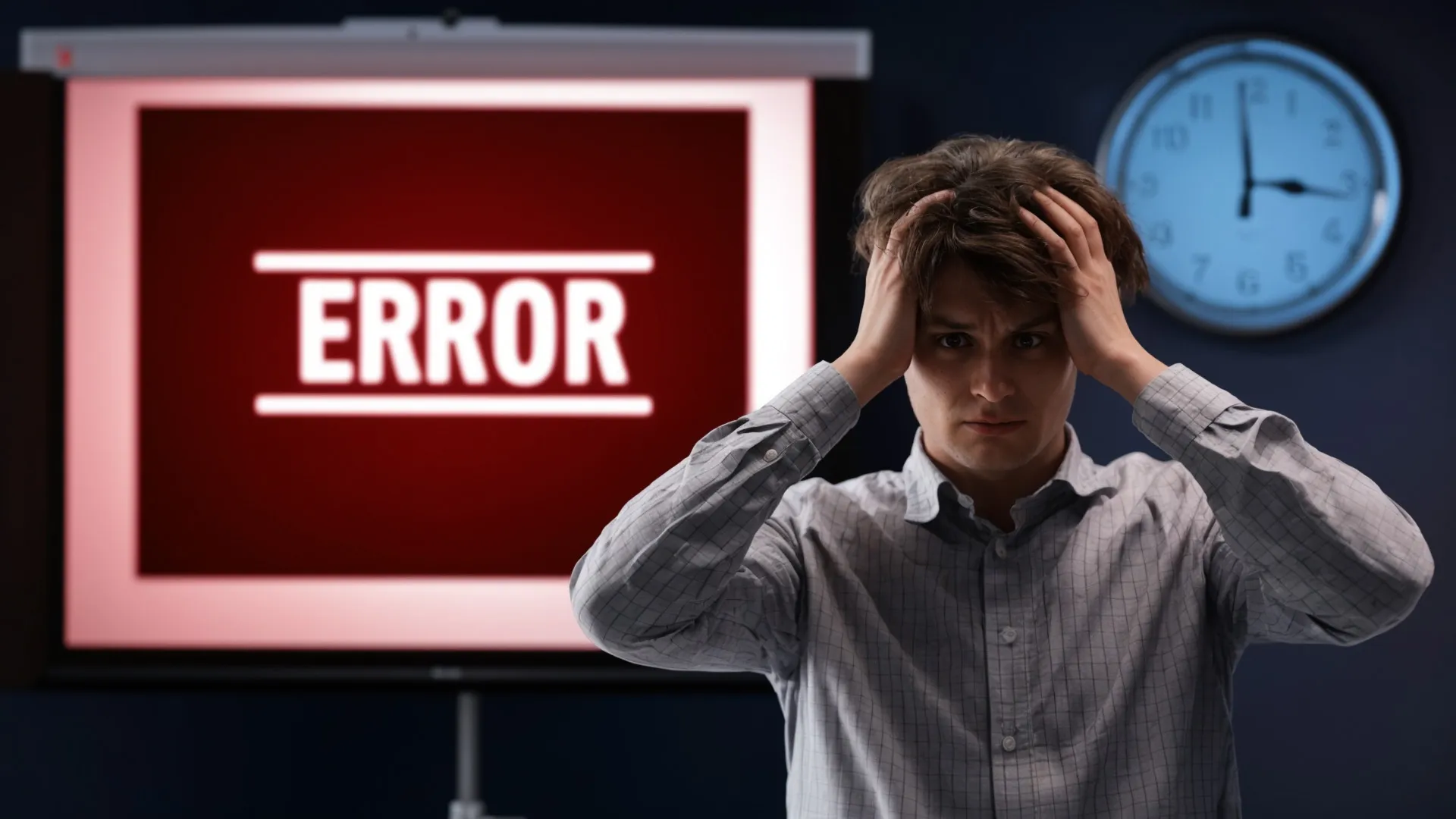 Hombre frustrado ante un error de conexión de proyector